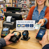 Wahlfreiheit an der Kasse ist im Handel längst Alltag. Kundinnen und Kunden heute selbstverständlich zwischen Bargeld, Karte sowie mobilen Bezahlmethoden per Smartphone oder Smartwatch.