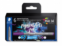 Wer einer Farbrichtung treu bleiben möchte, greift zu den pigment brush pens im 6er-Set, beispielsweise in „Blues & Violets.“