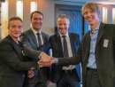 Jacques Ahn, Teilhabender Geschäftsführer Colop Arts & Crafts; Franz Ratzenberger, Leitung Vertrieb und Marketing Colop; Ernst Faber, Geschäftsführer Colop und Nicholas van der Plaats, Geschäftsführer und Eigentümer RoyalPosthumus.