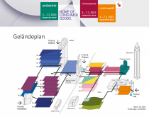 Der Geländeplan der Ambiente 2023 mit der Sonderschau Future of Work“ in Halle 3.1 und der neuen Office-Heimat in Halle 4.2 sowie der Remanexpo und Remanexpo Academy im Congress Center.