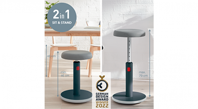 Der 2-in-1 Active Sitz-Steh-Hocker, der als Stehhilfe und als Sitzhocker verwendet werden kann, wurde mit dem German Design Award 2022 ausgezeichnet.
