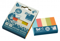Die farbenfrohen „inFO“ Nature Notes Haftmarker aus Recycling- papier sind mit dem Blauen Engel zertifiziert. Verfügbar im Blattformat 15 x 50 Millimeter, 100 Blatt pro Block und mit jeweils fünf Blöcke in einem Umschlag befestigt.