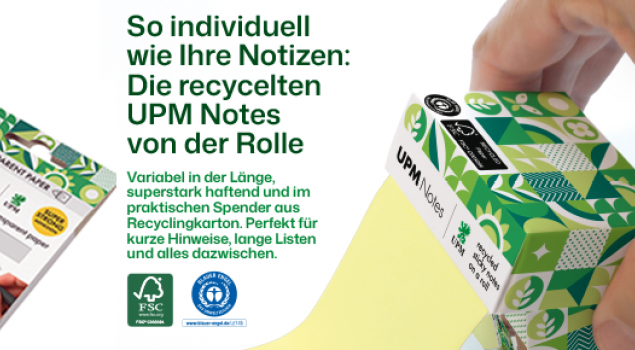 Roll Notes von UPM Notes ermöglichen individuell lange Haftnotizen und werden in einem Spender aus Recyclingkarton geliefert.