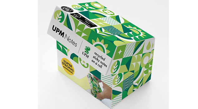 Roll Notes von UPM Notes ermöglichen individuell lange Haftnotizen und werden in einem Spender aus Recyclingkarton geliefert.