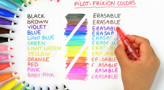 Die neuen Frixion Colors kommen in knalligen Farben daher. Mit Rot, Orange, Gelb, Hellgrün, Grün, Hellblau, Blau, Lila, Rosa, Pink, Braun und Schwarz kann man seiner Kreativität freien Lauf lassen.