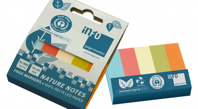 Die farbenfrohen „inFO“ Nature Notes Haftmarker aus Recycling- papier sind mit dem Blauen Engel zertifiziert. Verfügbar im Blattformat 15 x 50 Millimeter, 100 Blatt pro Block und mit jeweils fünf Blöcke in einem Umschlag befestigt.